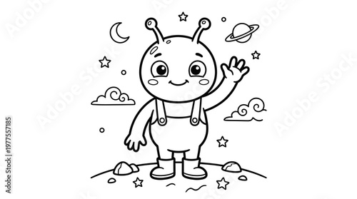 Smiling Alien Cartoon Character Waving Hand.