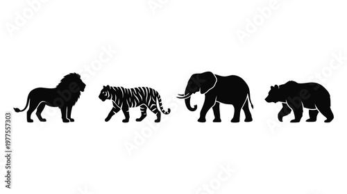Silhouettes of lion tiger elephant bear.