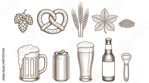 Vintage brewery ingredients and glassware collection for craft beer festival menu.