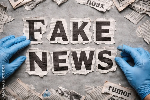 Fake news concept with torn newspaper headlines and gloved hands misinformation media crisis idea