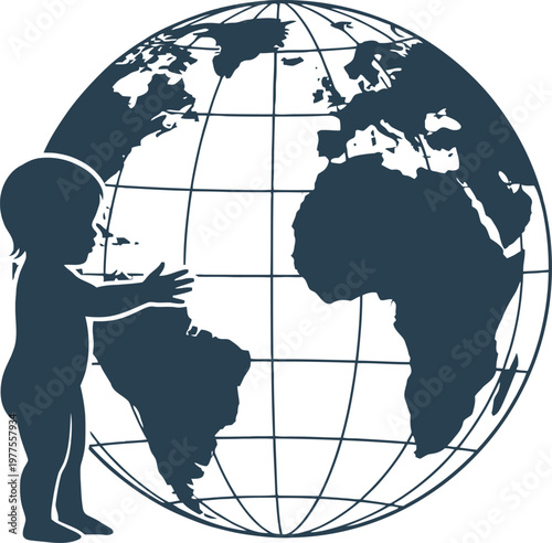 Child's silhouette reaching for globe, representing global connection and education