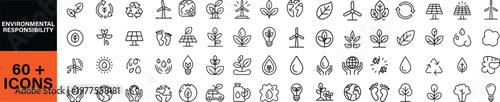 Environmental responsibility icon set. Sustainability, eco-friendly, green energy, recycling, carbon footprint, renewable resources, conservation icons. Outline icon in linear style