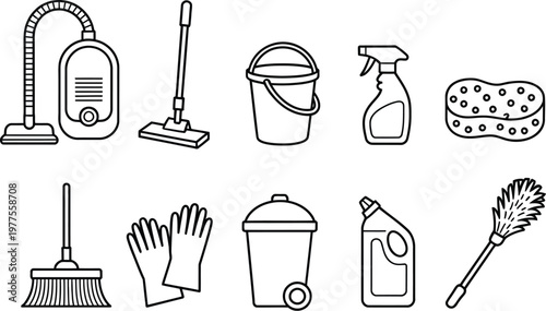 Cleaning Tools Outline Icon Set, Housekeeping and Sanitation Symbols Collection, Hygienic Equipment Vector Icons for Home Cleaning, Maintenance, Web Design, Mobile Apps, and UI Interfaces
