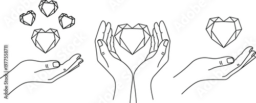 Hands holding geometric heart line art vector illustration, minimalist love symbol outline, abstract polygon romance concept, modern continuous drawing design