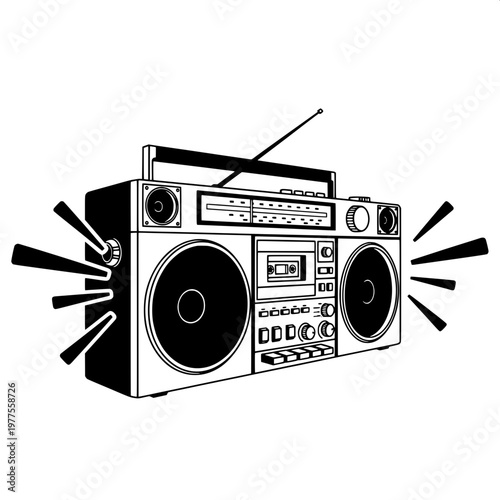 Vintage boombox with sound waves isolated on white background
