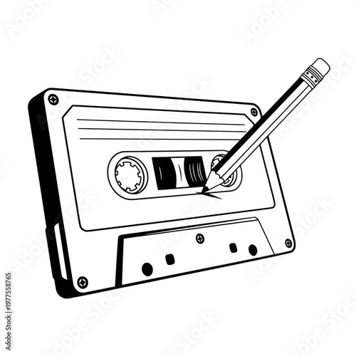vintage audio cassette tape with pencil as play button illustration