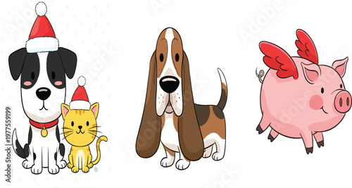 Adorable cartoon animal vector collection featuring a Christmas dog and cat in Santa hats a basset hound and a cute flying pig