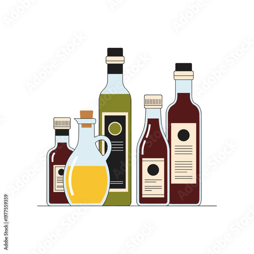 Four bottles of condiments displayed together in a row