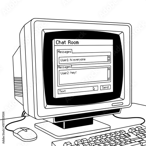 vintage computer chat room interface with message exchange illustration