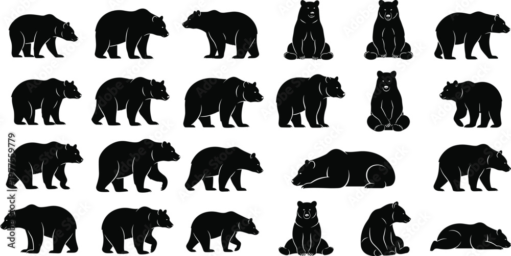 Fototapeta premium Bear Silhouette Collection Featuring Standing Walking Sitting and Sleeping Grizzly Bear Poses Isolated Wildlife Animal Vector Set for Design Use.