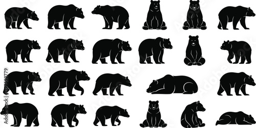 Bear Silhouette Collection Featuring Standing Walking Sitting and Sleeping Grizzly Bear Poses Isolated Wildlife Animal Vector Set for Design Use.