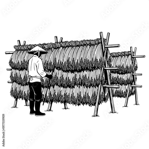 Farmer inspecting traditional thatched roof hut in rural village setting