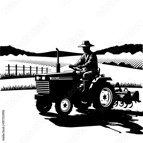 Farmer driving vintage tractor in solar farm at sunset with silhouette effect