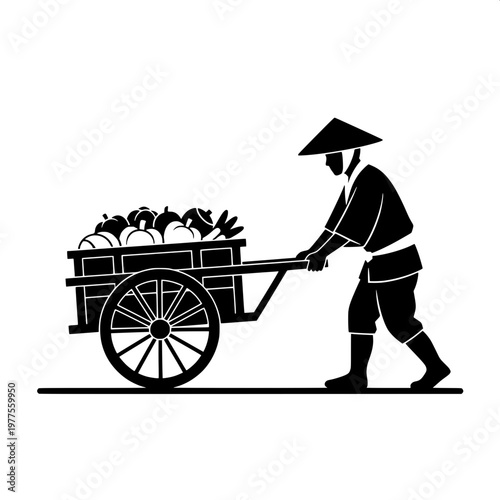 Traditional farmer pushing vegetable cart in minimalist black and white illustration