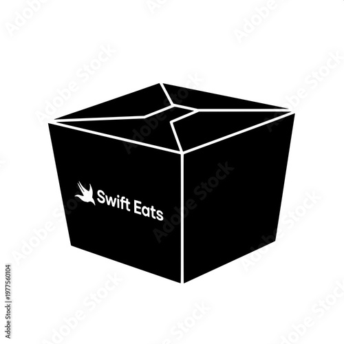 Black branded food delivery takeout box with logo on white background