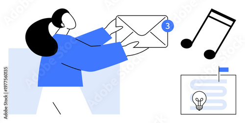 Digital communication. A woman interacts with an email notification, music and workflow icons. Digital communication enhances organization and engagement. Perfect for productivity, messaging apps