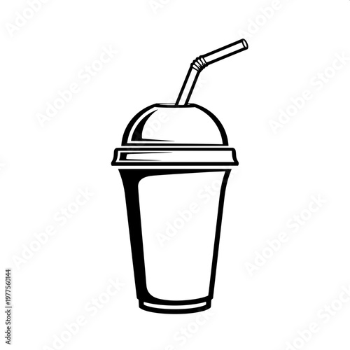 Empty black and white striped takeaway coffee cup with plastic lid and straw