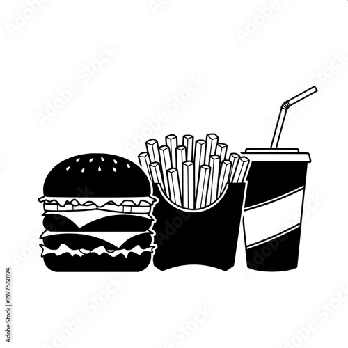 fast food set with burger fries and soda in flat design illustration