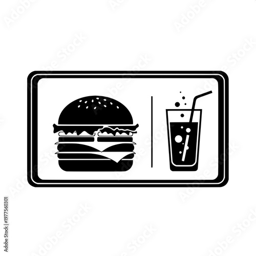 fast food meal set with burger and iced drink in minimalist tray icon