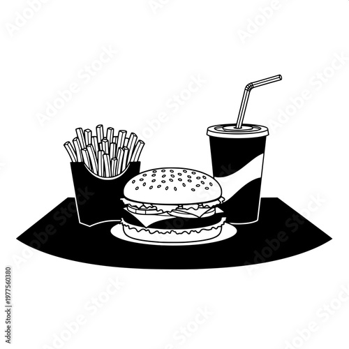 Fast food meal with burger, fries, and soda on black tray illustration