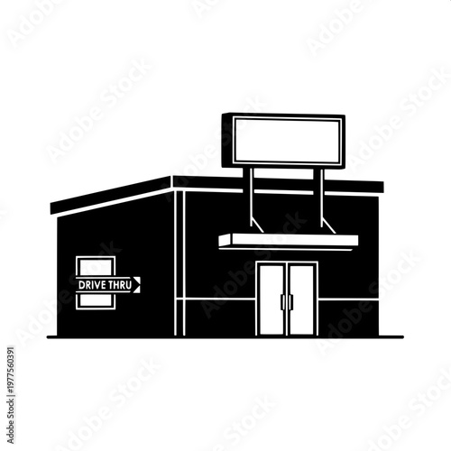 Modern drive-thru service window building in black and white line art illustration