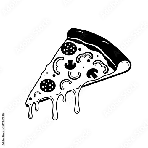 cartoon pizza slice with dripping cheese isolated on white background
