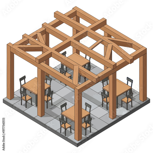 Wooden Pergola Structure with Tables and Chairs for Outdoor Dining.