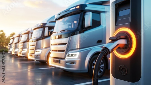 Electric trucks are charging at a station, showcasing the future of sustainable transport and technology in logistics.
