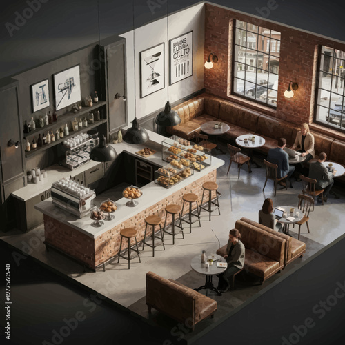 Cozy Cafe Interior with Barista and Patrons Enjoying Coffee.