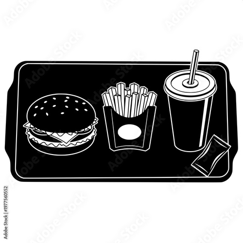 fast food meal set with burger fries and soda on black tray minimalist illustration