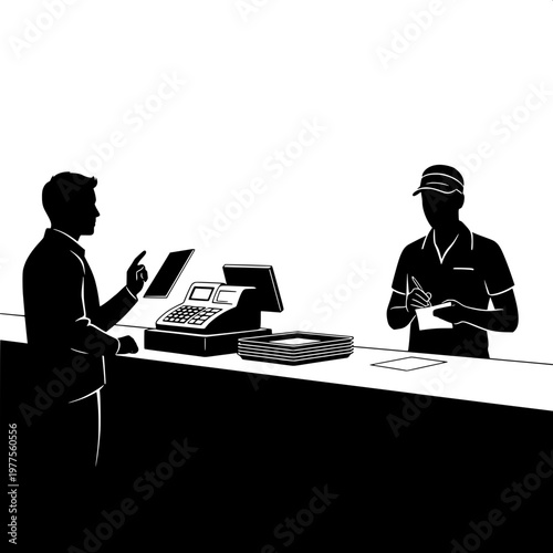 Business professional discussing payment with cashier at retail counter in high contrast silhouette