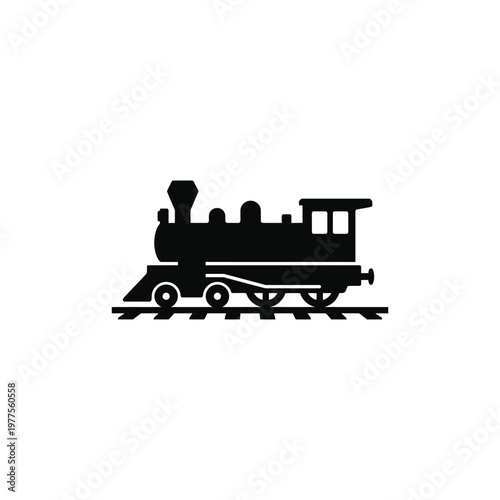 Black silhouette of a vintage steam train on railroad tracks locomotive rails