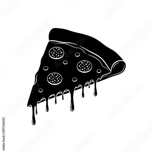 black pepperoni pizza slice dripping cheese isolated on white background