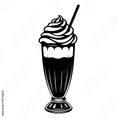 Classic chocolate milkshake with whipped cream and striped straw in glass