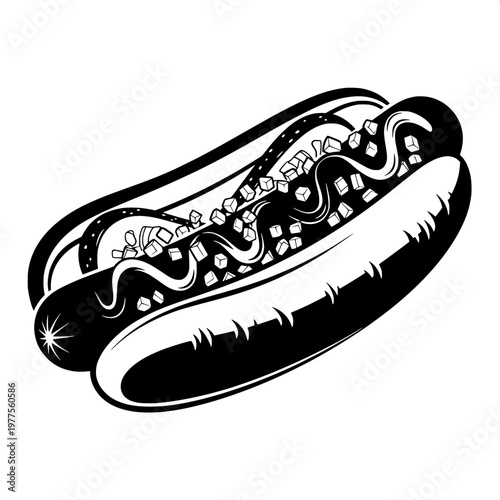 stylized black and white hot dog vector illustration with mustard and relish