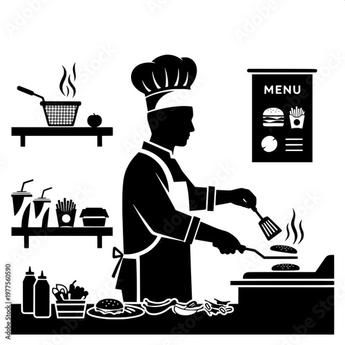 flat design chef cooking gourmet meal in modern kitchen with menu board