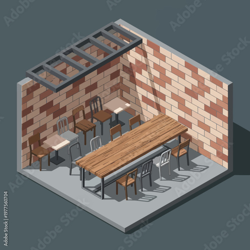 Isometric view of a rustic dining area with wooden tables and chairs.