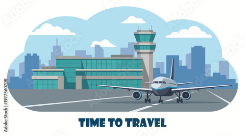 A vibrant illustration of an airport with a parked airplane, showcasing modern architecture and clear skies, encouraging travel and exploration to new destinations.