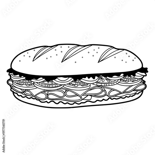hand-drawn deli sandwich with lettuce and sesame seed bun sketch illustration