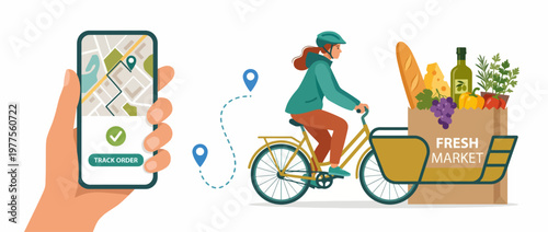 An illustration of a delivery rider on a bicycle, transporting fresh produce and groceries from a market, highlighting sustainability, health, and convenience in modern life.