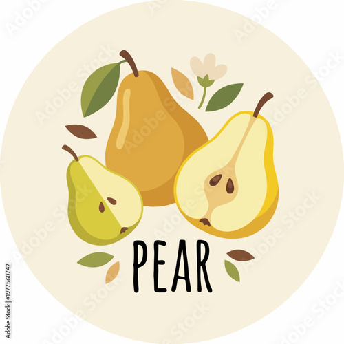 A charming illustration of three ripe pears, complete with floral accents and leaves, celebrating the simplicity of nature and healthy living, perfect for fruit-themed designs.