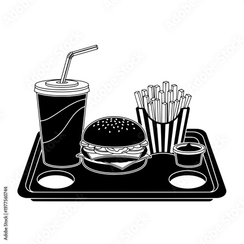 fast food meal set with burger fries and soda on black tray line art