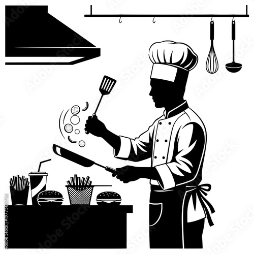 Professional chef cooking in modern kitchen with fresh ingredients and utensils
