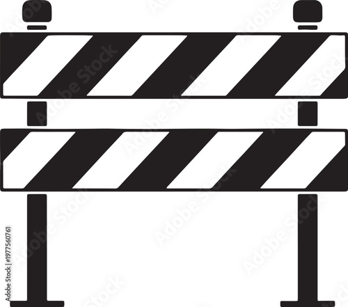 Black and white diagonal striped road barrier on support poles, view also transparent background, diagonal stripes