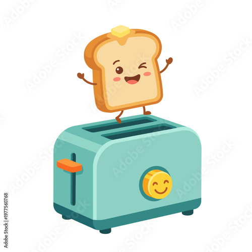 A whimsical image of a happy slice of toast with butter perched on a vibrant toaster, capturing the essence of breakfast cheer and warmth in a playful manner.