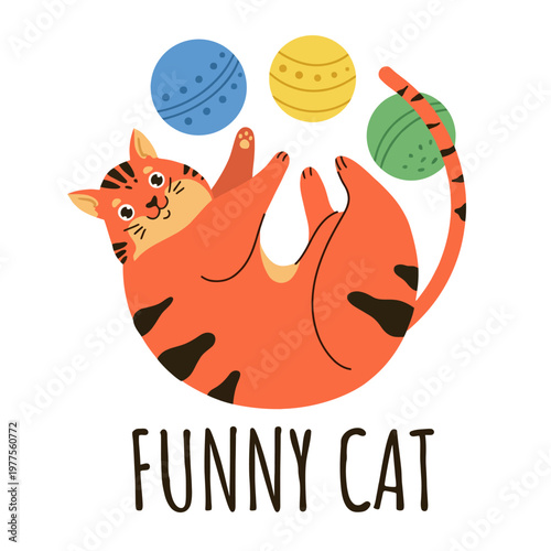 An adorable illustration of a funny cat playfully engaged with colorful balls, radiating joy and lightheartedness in a vibrant, cheerful design that captures feline curiosity.