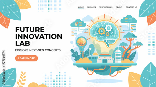 An imaginative visual of a futuristic innovation lab showcasing a brain-like structure amidst tech elements, representing creativity and next-generation ideas for exploration.