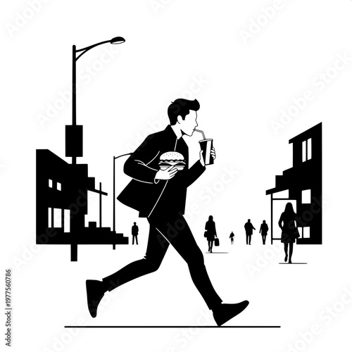 Business professional rushing with coffee and bag in urban cityscape silhouette