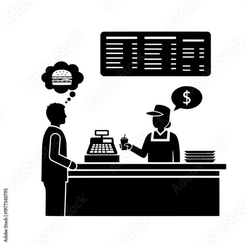 Fast food cashier processing payment with customer at checkout counter