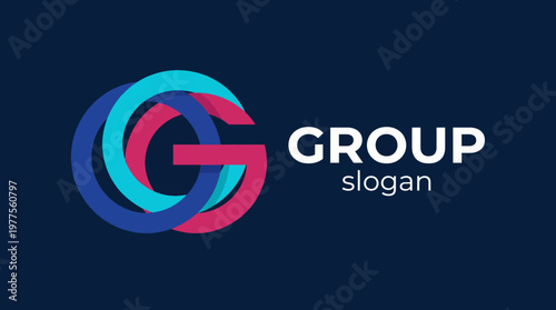 This graphic features a modern logo design illustrating interlocking shapes with the word 'GROUP' and a slogan, representing collaboration and teamwork effectively.